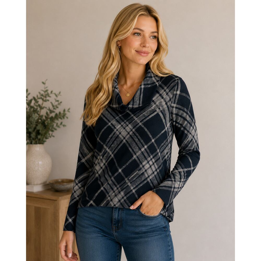 Jones New York Collection Black Gray Plaid Cowl Neck Sweater M